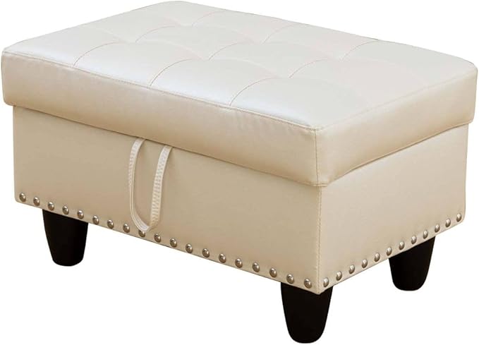 Simple Deluxe Ottoman with Storage Bench Chair, 28.5" L x 19.5" W x 17.5" H Synthetic Leather Foot Rest Stools,Ottoman Storage Chest Box with Padded Seat for Bedroom, Living Room, Entryway,White