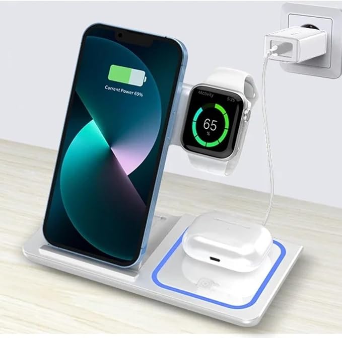 Desktop 3 in 1 Wireless Travel Charger Stand for iPhone 17 16 15 14 13 12 Pro Max iWatch S10~2 SE Ultra AirPods 4/3 Pro Foldable Fast Charging Dock (Black)