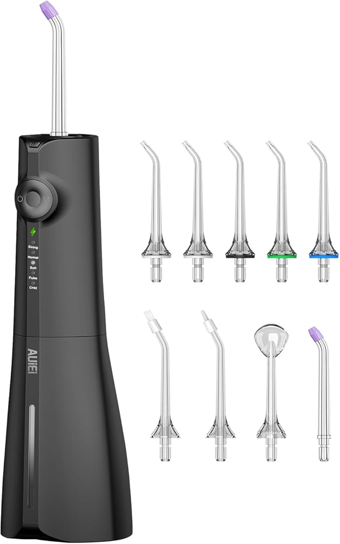 AUIEI Water Flosser Teeth Pick: 9 Jet Tips Cordless Oral Irrigator with 300ML, 5 Modes Portable Power Dental Flossers, IPX7 Waterproof Rechargeable Electric Waterflosser Machine for Home Travel, Black