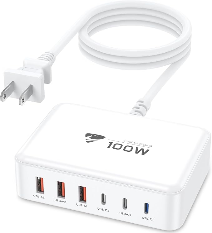 USB C Fast Charger 100W GaN 6 Port USB C Fast Charging Station Hub Block Cube QC USB A and PD USB C Wall Charger Power Multiple USB Charger Plug for iPhone 17 16 15 14 13 12 Pro Max iPad Samsung