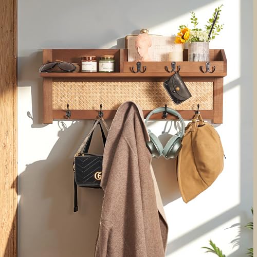 Coat Rack Wall Mount with Hooks & Shelf - Wooden Entryway Organizer for Hanging Coats, Keys, Hangers - Space Saving Durable Wood Holder for Hallway, Bedroom, Office-The Rattan Model
