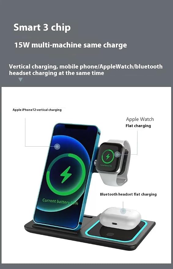 3-in-1 Wireless Charging Station with a Foldable Charging Base Compatible with Multiple Devices Featuring a 15W Fast-Charging Adapter Suitable for iPhone Apple Watch(Black)