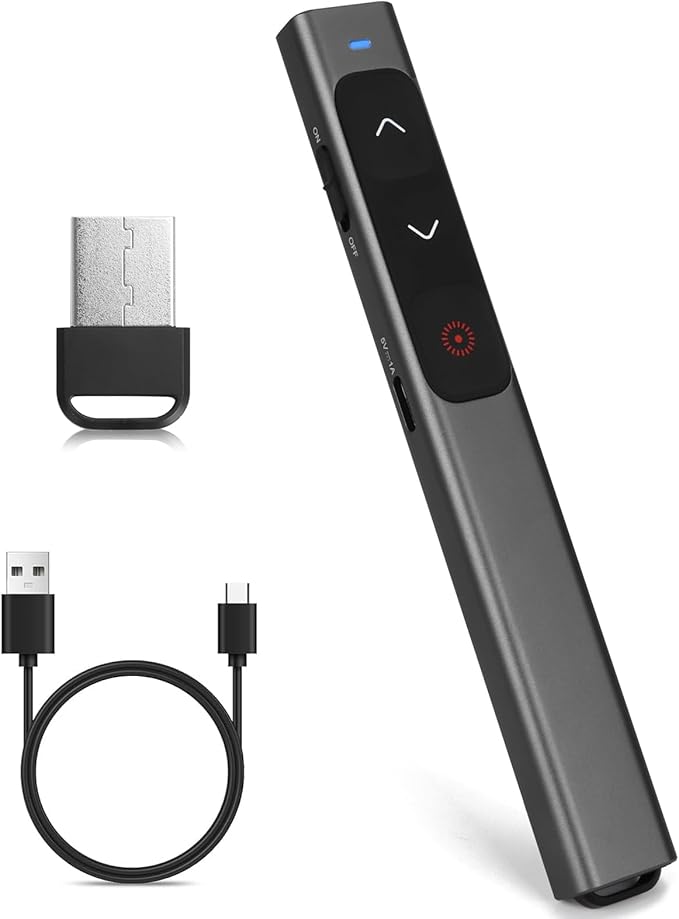 M Monoie Wireless Presenter, Laser Pointer Clicker for Keynote, Laptops, Google Slides - Supports Hyperlinks and Volume Control (Gray Pen/Red/USB Interface)