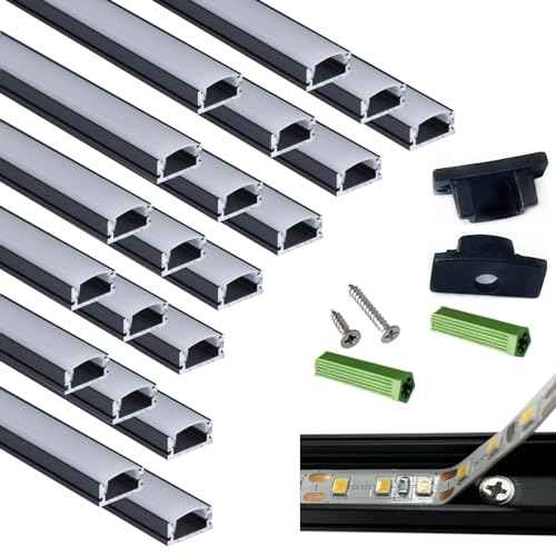 20-Pack 3.28FT Pre-Drilled Countersunk Hole LED Strip U Channel Diffuser, Matte Black Flush Mounted Under Cabinet Tape Light Aluminum Low Profile with Milky Cover (20, 3.28FT)