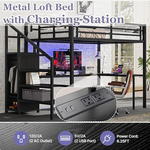 Bellemave Queen Loft Bed with Desk & Wardrobe, Heavy Duty Metal Loft Beds Frame with Storage Stairs, LED Loft Bed Queen Size with Charging Station & Safety Guardrails, No Box Spring Needed, Black - color: Black, size: Queen