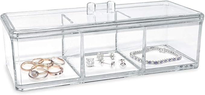 Isaac Jacobs 3-Compartment Clear Acrylic Rectangular Stackable Organizer with Lid, Multi-Sectional Drawer Tray, Storage Solution for Makeup, Craft Supplies, for Bathroom, Kitchen, Office (1, Clear)