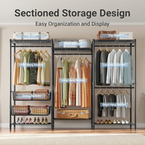 VIPEK V10 Garment Rack Large Size Heavy Duty Clothes Rack with Hanging Rods, Adjustable Shelves & 2 Slid Storage Baskets, Wire Clothing Rack 68.9" W x 15.7" D x 76.4" H, Max Load 920 LBS, Black - color: Black