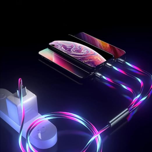 IHAO Multi Ports Light-Up USB Cable USBA to USBC/MicroUSB Cable Durable Fast Charging Cable with Visible Current Flow As Night Light Use-3in1 Blue