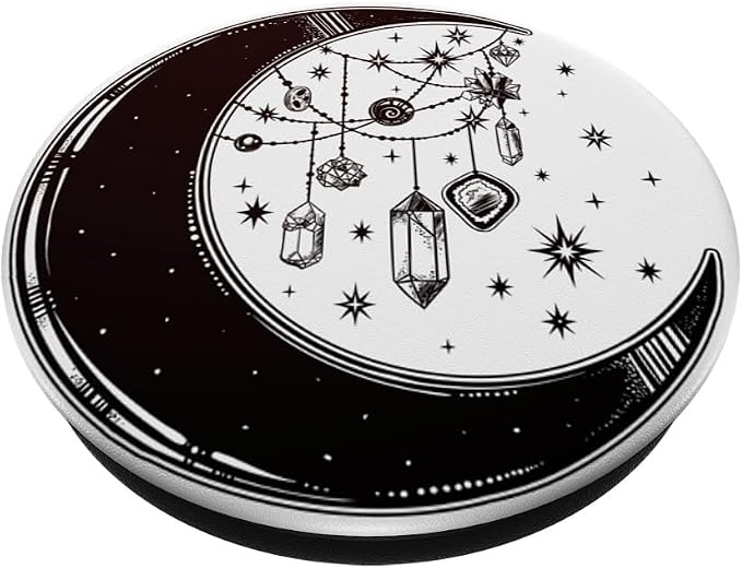 Crescent Moon with Stars with Witch Crystals - Black &amp White PopSockets PopGrip: Swappable Grip for Phones &amp Tablets