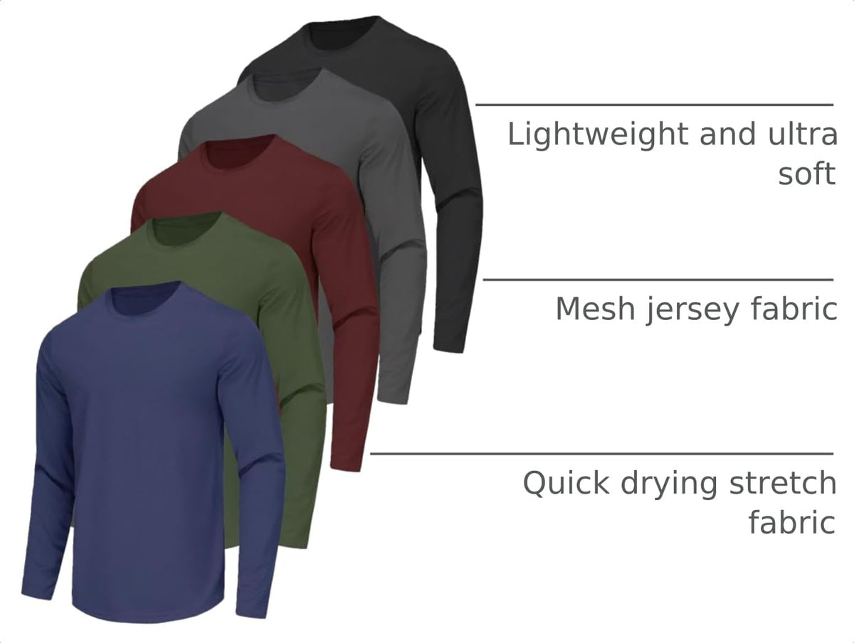 5 Pack Mens Long Sleeve Quick Dry Active Athletic T Shirt Running Gym Workout Tee Tops