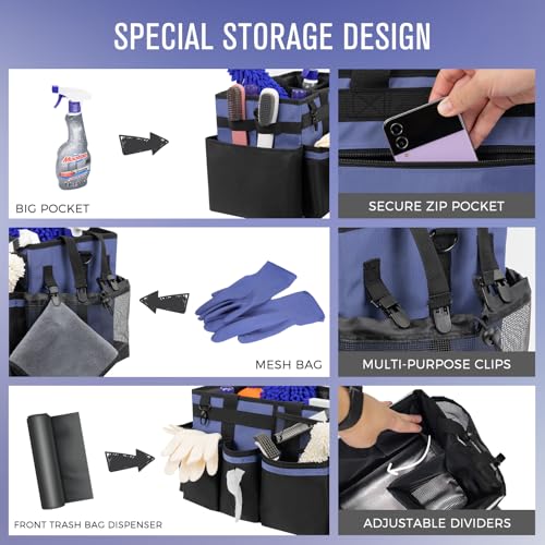 SCAVATA Wearable Cleaning Caddy, Cleaning Caddy Supplies Organizer with Handle & Shoulder Straps for Housekeepers, Under Sink & Car Cleaning Tool Organizers Bag with 4 Foldable Divider (CeruleanBlue) - color: CeruleanBlue