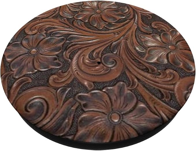 Western Brown Tooled Floral Print PopSockets Adhesive PopGrip
