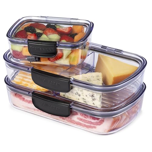 Progressive Prokeeper + Deli Storage Set: Air-Tight Silicone Sealed Containers w Grooved Bottom, Dry Erase Lid, BPA-Free, Stackable, Keeps Meats & Cheeses Fresh Longer, 3-Piece Set (1.65L, .69L, 1.6L)
