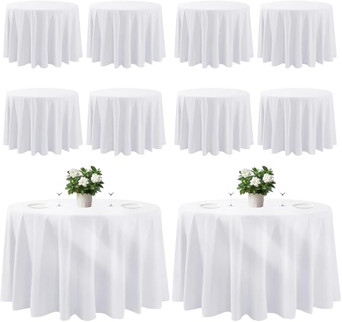 Cuckan 120 Inch Round Tablecloth, 10 Pack White Stain Resistant and Wrinkle-Free Polyester Table Cover for Wedding, Banquet, Party, Restaurant