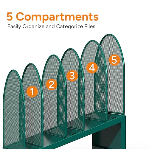 5-Section Desk File Organizer, Metal Mesh Folder Organizer for Documents, Mail & Office Papers (Green) - color: Green