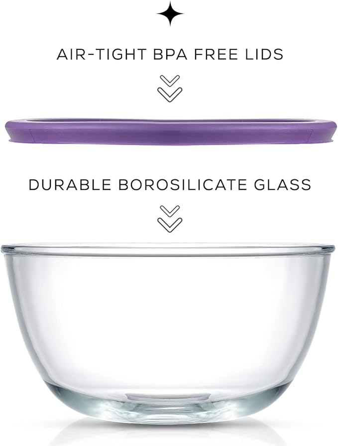 JoyJolt Very Peri 8pc Glass Mixing Bowls with Lids Set - Large Nesting Bowls, 2 Qt, Durable, Dishwasher & Microwave Safe