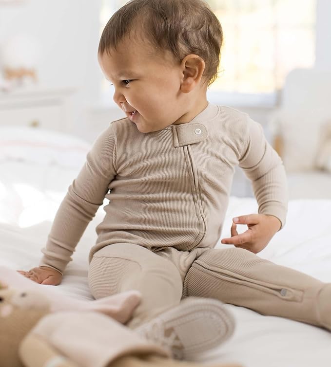 Burt's Bees Baby Baby Boy's Sleeper PJs, 100% Organic Cotton, One-Piece Footie, Zip Up Jumpsuit, Snug Fit Pajamas, Neutral Solid Rib, 12 Months