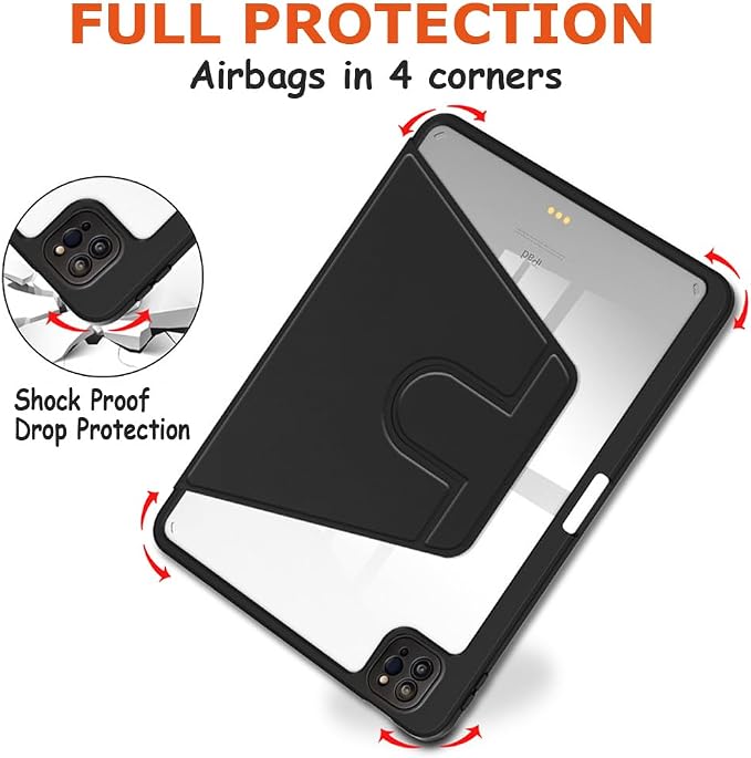 iPad Pro 11 Case 4th/3rd/2nd/1st Gen Balck | 360° Rotating Pencil Holder Compatible with 2022/2021/2020/2018 Clear Acrylic Back Auto Sleep/Wake