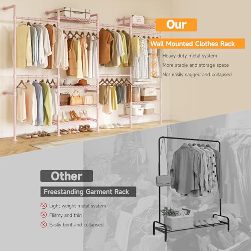 ONBRILL H4 Wall Mounted Closet System, Expandable Industrial Pipe Clothes Rack Clothing Rack for Hanging Clothes, Heavy Duty Closet Organizers and Storage in Wardrobe Closet - color: Pink