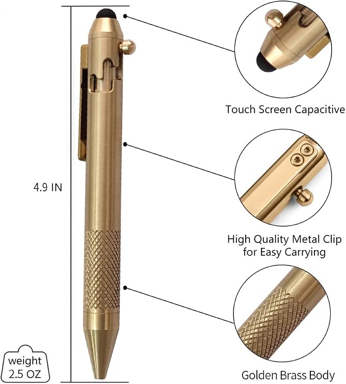 Cool Hand 4.9'' Brass Bolt Action Pen with Retractable Stylus Tip | for Any Touch Screen Ballpoint Ink Refillable Compact Size Skelton Out Deep Pocket Clip (Brass)
