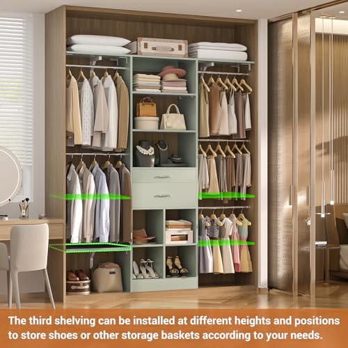 5FT Small Closet System, Baby Closet Organizer System with Wooden Drawers, 60 Inches Walk in Closet System with 5 Hanging Rods and 3 Reversible Hanging Shelving, Crab Green - color: Crab Green, size: 5 FT