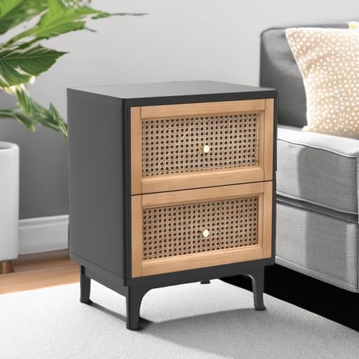 COZAYH Set of 2 Fully-Assembled 2-Drawer Woven Cane Front Accent Nightstand with Brass Knobs, Black - color: Black, style: 2 Drawer/2 pack