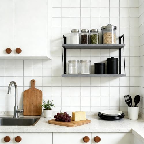 SRIWATANA Floating Wall Shelves, 2-Tier Rustic Wood Shelves for Bedoom, Bathroom, Living Room, Kitchen (Weathered Gray) - color: 3. Weathered Grey