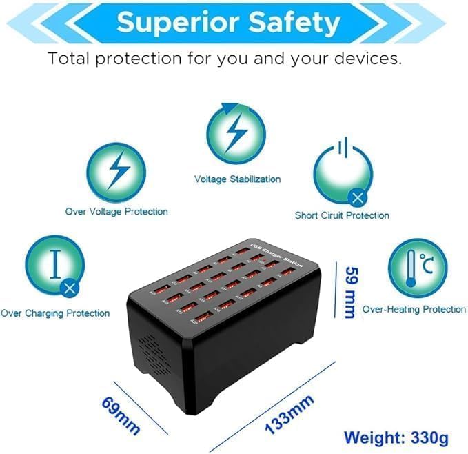 20-Port Black USB Charging Station100W/20A Multi-Port USB Hub Suitable for Smartphones Tablets and Other USB Devices.