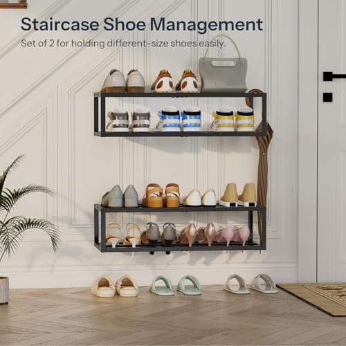 HOOBRO Wall-Mounted Shoe Rack, 2 Pack Hanging Metal Shoe Shelf, Space-Saving Shoe Storage Organizer, Holds 12-16 Pairs, Shoe Holder for Entryway, Closet, Small Spaces, Black BK44XJP201