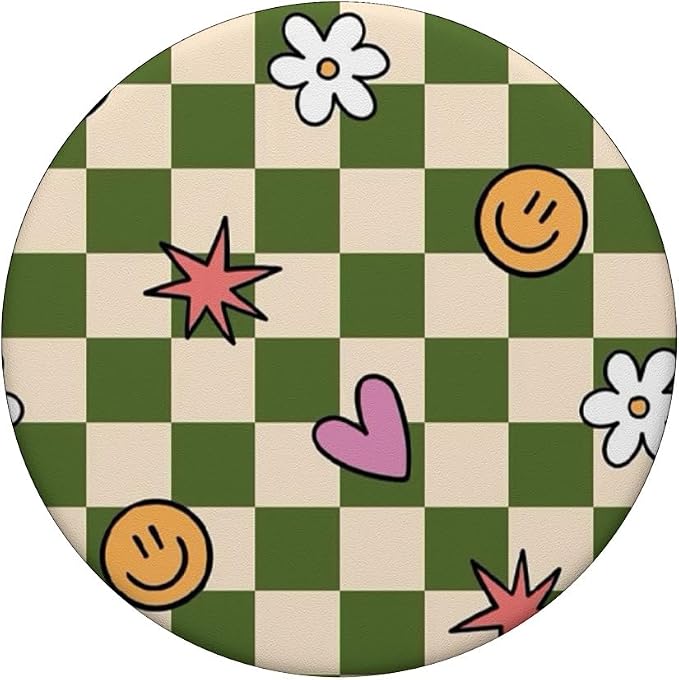 Green Checker Cute Doodle Pattern PopSockets Adhesive PopGrip