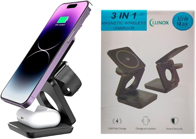 LUNOX 3-in-1 Wireless Charger for iPhone - Apple Watch &amp AirPods - Foldable Magnetic Fast Charging Dock - Black - White