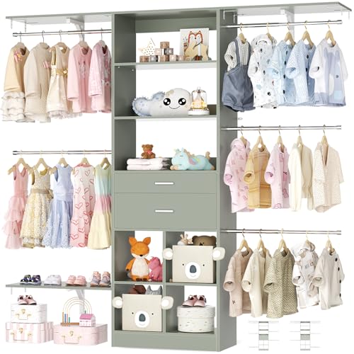 5FT Small Closet System, Baby Closet Organizer System with Wooden Drawers, 60 Inches Walk in Closet System with 5 Hanging Rods and 3 Reversible Hanging Shelving, Crab Green - color: Crab Green, size: 5 FT