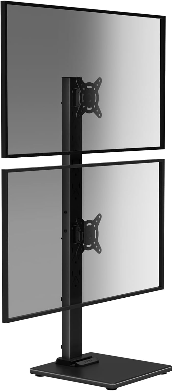 Suptek Dual Monitor Stand with Base- Vertical Stack Screen Free-Standing Monitor Riser Fits Two 13 to 36Inch Screen with Swivel, Tilt, Height Adjustable,50,75 and 100mm Vesa Base Stand