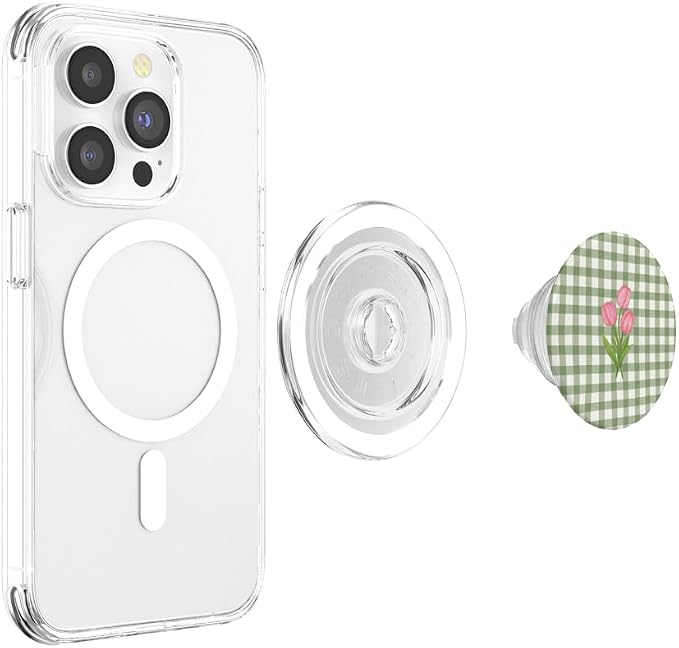 Green Gingham Tulip Floral Pattern PopSockets PopGrip for MagSafe