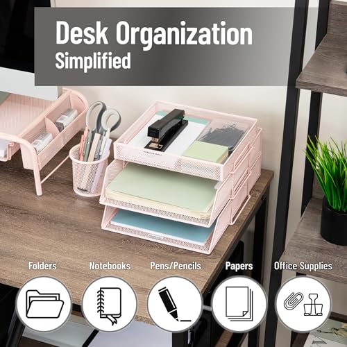Mind Reader 2 Tier Paper Tray with Top Supply Compartment, Desktop File Organizer, Metal Mesh, Pink - color: Pink