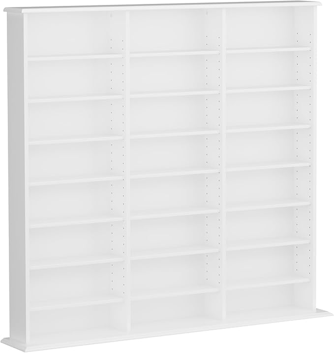 Prepac 3 Column 51" Tall White Display Multimedia Cabinet, Wood Media Storage with Removable Sheves, Modern Multimedia Storage Unit with 21 Adjustable Shelves for Books, DVDs and Collectibles, White