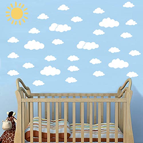 Sun and 30PCS White Clouds Removable Vinyl Wall Decals Peel and Stick Wallpaper Stickers for Nursery Bedroom Living Room