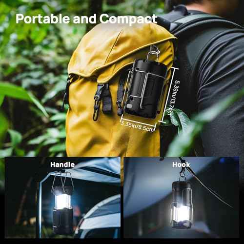 2 Pack Collapsible LED Camping Lantern, Consciot USB C Rechargeable and Battery Powered 2-in-1 Emergency Light with Flashlight and Magnetic Base, Power Outages Hurricane Supplies Survival Kits,Black