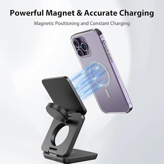 3 in 1 Magnetic Wireless Charger Stand Fast Charging Dock for iPhone 16 15 14 13 12 Compatible (Black)
