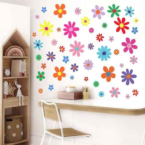 12 Sheets Daisy Wall Decals Boho Flower Wall Stickers Cute Kids Girls Room Decor Peel and Stick Floral Decals Toddler Nursery Playroom Living Room Bedroom Classroom Retro Hippie Decor Bright Style