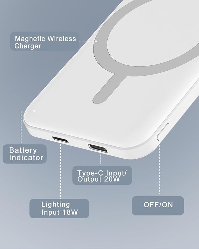 podoru for Magsafe Battery Pack, 5000mAh Magnetic Power Bank with Type-C Cable 20W PD Fast Charging Lighting Input Wireless Portable Charger for iPhone 16/15/14/13/12/ All Series-White