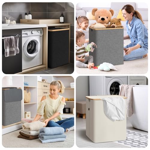 BALEINE Laundry Hamper with Lid, Tall Laundry Baskets with Bamboo Pull Handles, Large Laundry Bin with Internal Support (18 Gal/70L, Black) - color: Black, size: 70 liters