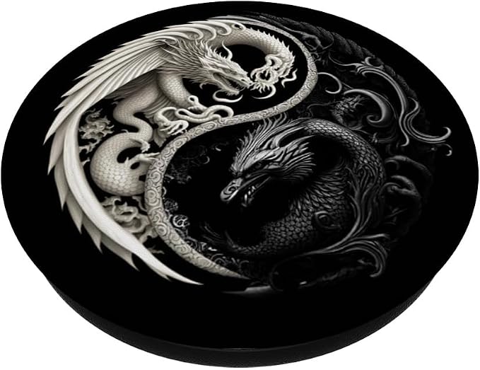Aesthetic Illustration Art Dragon Black And White Yin Yang PopSockets Standard PopGrip