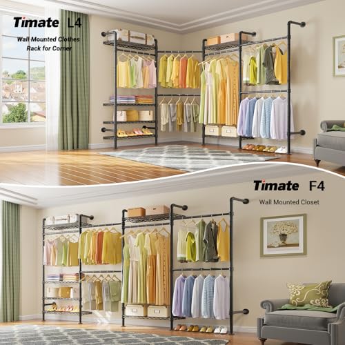 Timate F4 Wall Mounted Clothes Rack Industrial Pipe Clothing Rack for Hanging Clothes, Expandable Garment Rack Heavy Duty Wardrobe Closet Organizer and Storage, Black Adjustable Industrial Closet Kit - color: Black