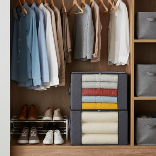 90L Grey Storage Bags with Lids, Zipper & Clear Window, 3-Pack Foldable Large Closet Organizers for Clothes, Comforters, Under Bed - size: 3 x 90L