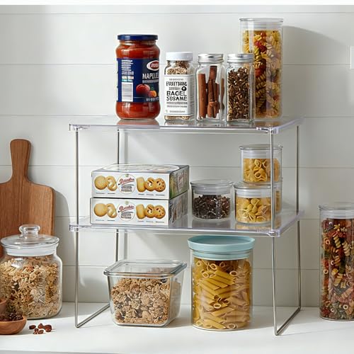 IVYHOME Pantry Organizer, Cabinet Storage Shelf Rack, Stackable Kitchen Cabinet, Foldable Countertop Shelf Organizer, 2 Pack