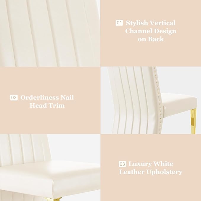 White and Gold Dining Chairs, White Faux Leather Upholstered Dining Chair Set of 4, Glam Nailhead Trim Dining Chairs with Gold Legs