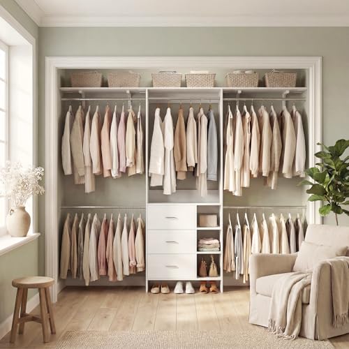 Aheaplus Closet System, Closet Organizer with 3 Wooden Drawers, 8FT Closet Organizer System, 96’’ Walk-in Closet Wardrobe Clothes Rack with Hanging Rods, Garment Rack, Fits 5.3-9 ft, -W3,White - color: White