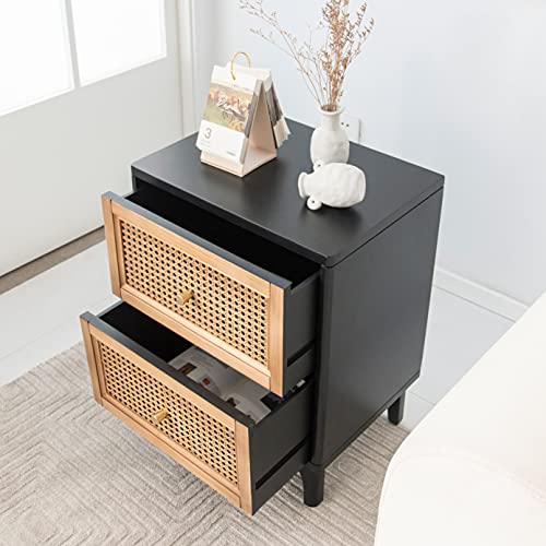 COZAYH Set of 2 Fully-Assembled 2-Drawer Woven Cane Front Accent Nightstand with Brass Knobs, Black - color: Black, style: 2 Drawer/2 pack
