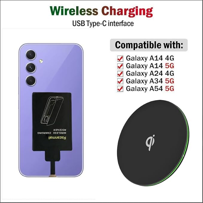 8W External Type-C Wireless Charging Receiver for Samsung Galaxy A54 A34 A24 A14 5G Phone with Charger PAD